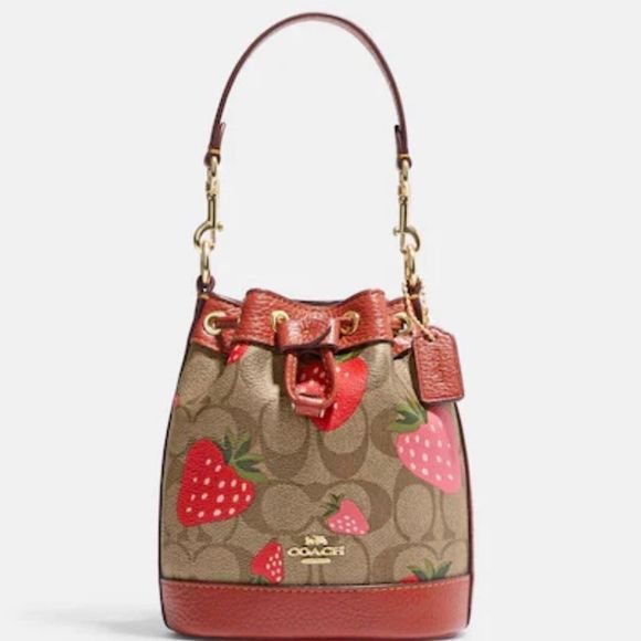 NWT COACH Mini Dempsey Bucket Bag Signature Canvas Wild Strawberry Print CH164 - Picture 8 of 12